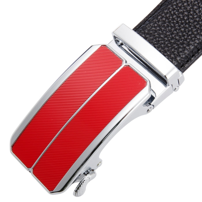 Ceinture homme Maël, boucle automatique rectangulaire argentée avec inserts rouges texturés et cuir noir texturé.
