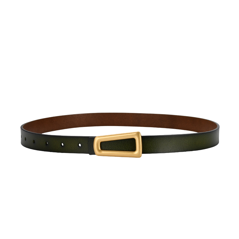Ceinture femme Majestueuse en cuir refendu vert foncé avec boucle crochet clou rectangulaire dorée.