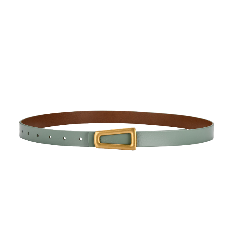 Ceinture femme Majestueuse en cuir refendu bleu pâle avec boucle crochet clou rectangulaire dorée