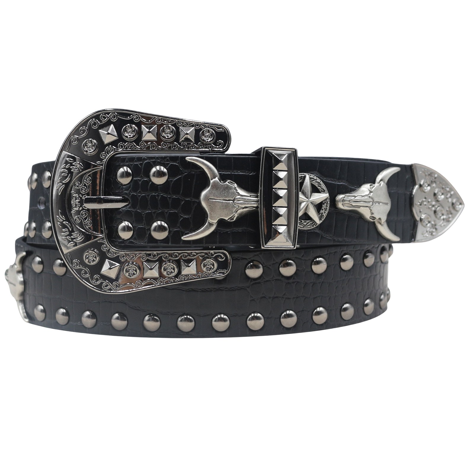 Ceinture Marceau pour homme en simili cuir noir, avec un motif crocodile clouté, une boucle ornée d'une tête de taureau et d'une étoile, et des clous argentés.