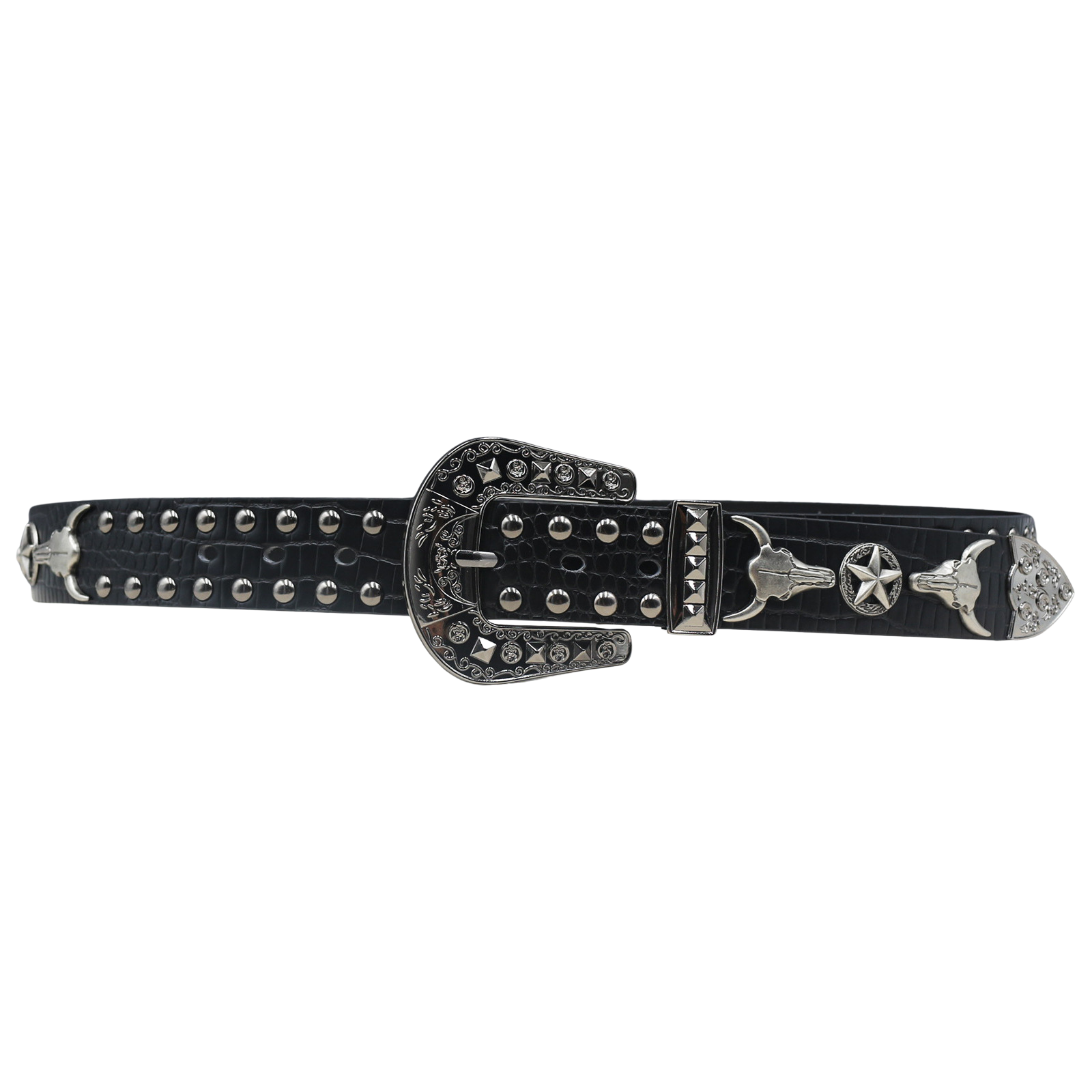 Ceinture Marceau pour homme en simili cuir noir avec motif crocodile, cloutée et ornée d'une boucle argentée décorée, de têtes de taureau et d'une étoile de l'ouest, style western-punk.