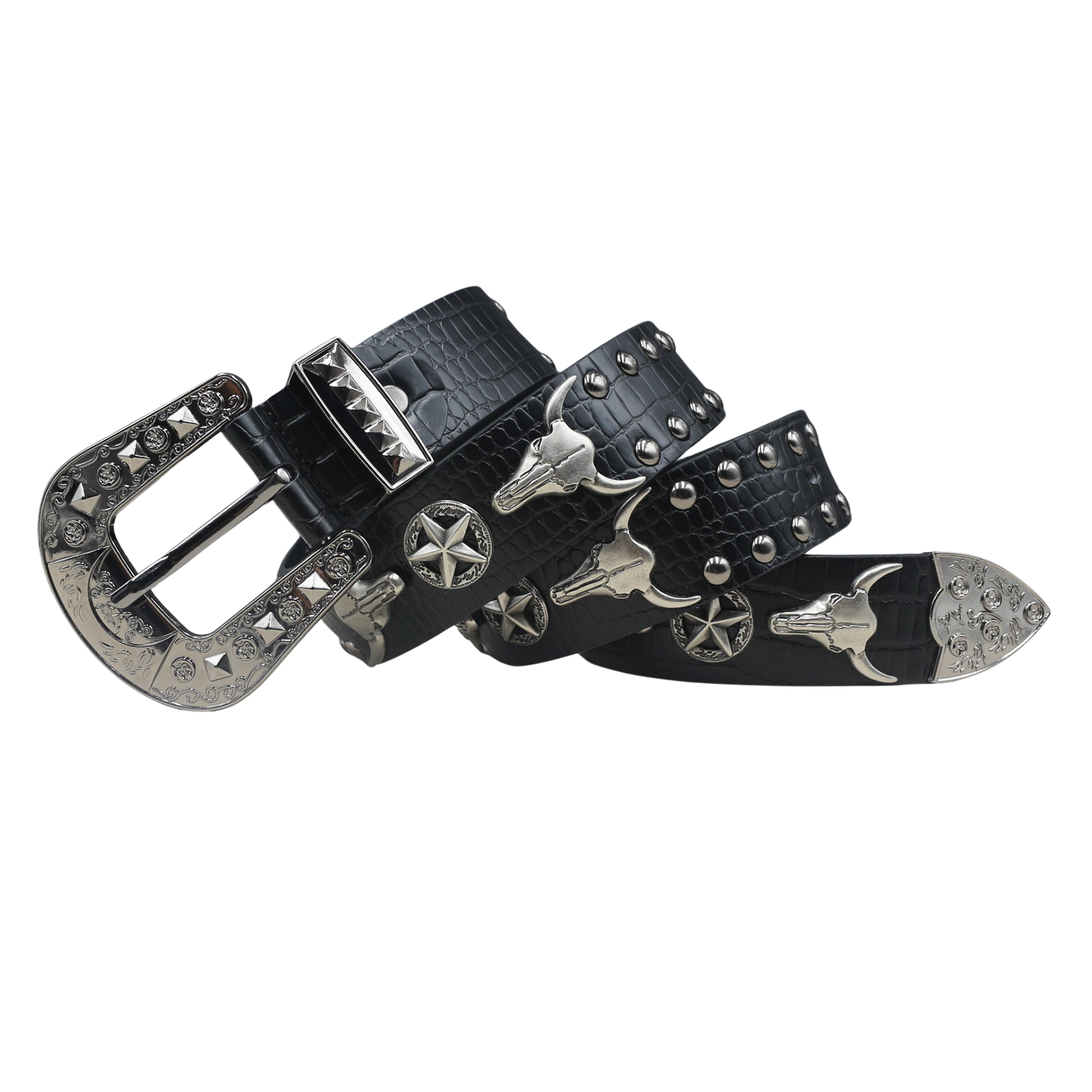 Ceinture Marceau pour homme en simili cuir noir avec un motif crocodile clouté, ornée de têtes de taureau argentées et d'étoiles. Boucle ardillon argentée décorée.