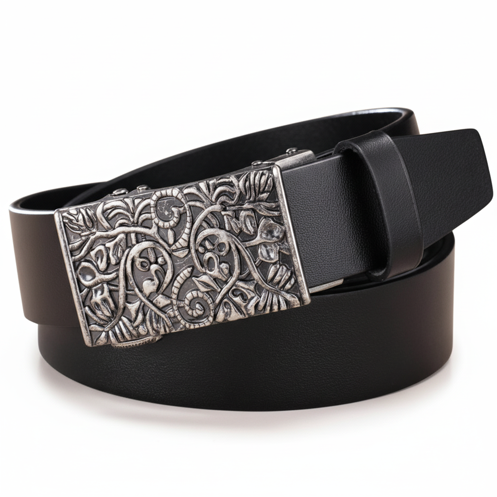 Ceinture homme Maréno noire en cuir avec boucle argentée rectangulaire ornée d'un motif sculpté floral et végétal.