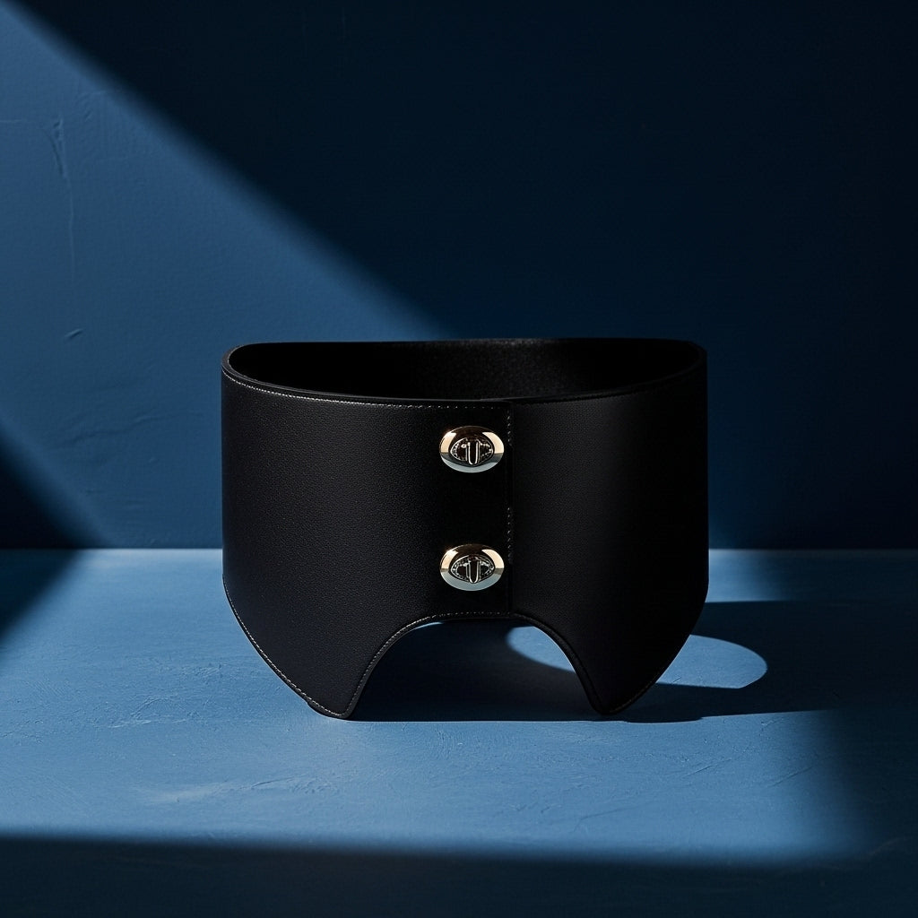 Ceinture Margaux noire extra large en cuir nubuck avec deux boutons pression argentés et boucle ovale métallique dorée. #fullwidth