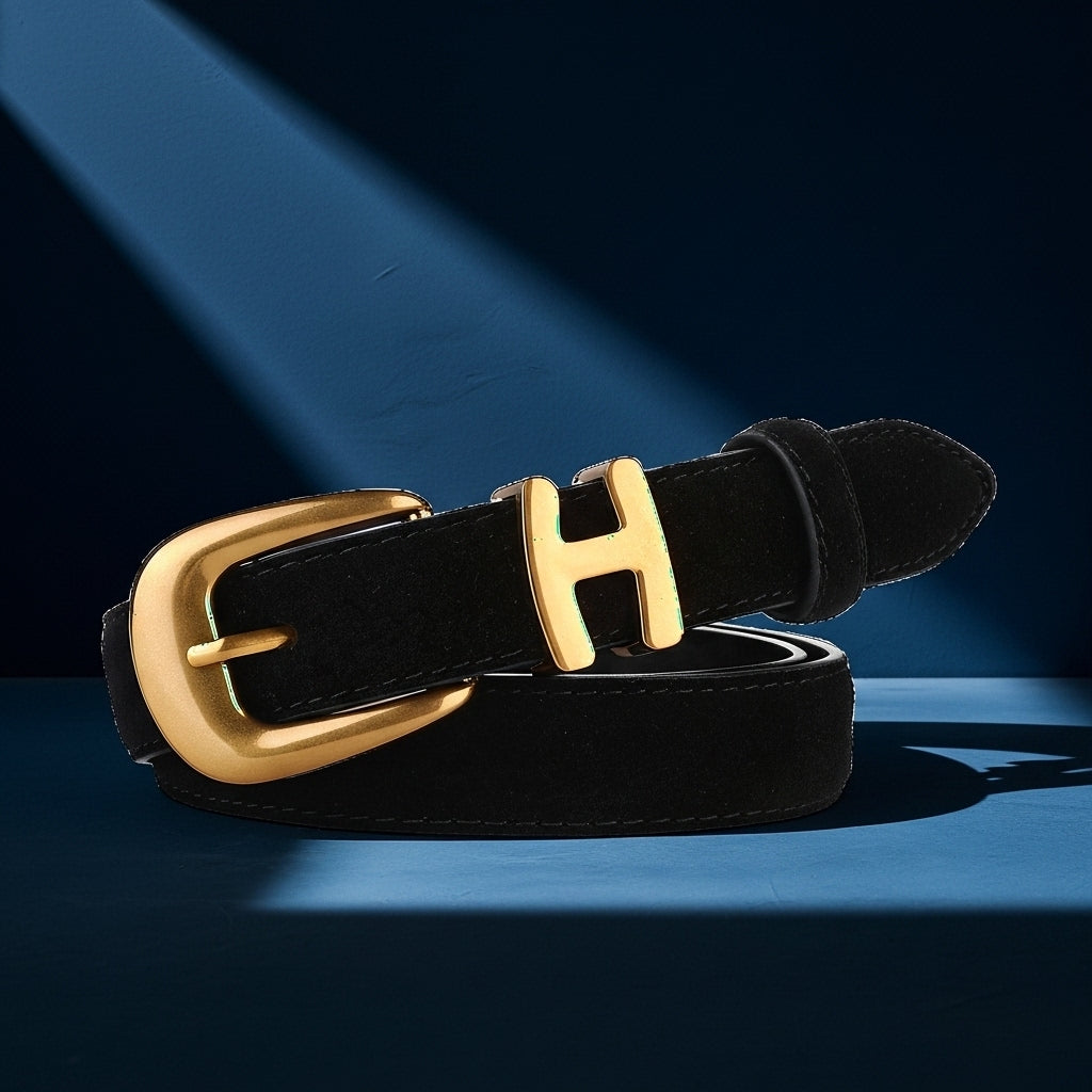 Ceinture noire en suède pour femme, modèle Marguerite, avec boucle ardillon dorée mate et initiale "H" arrondie vintage. #fullwidth