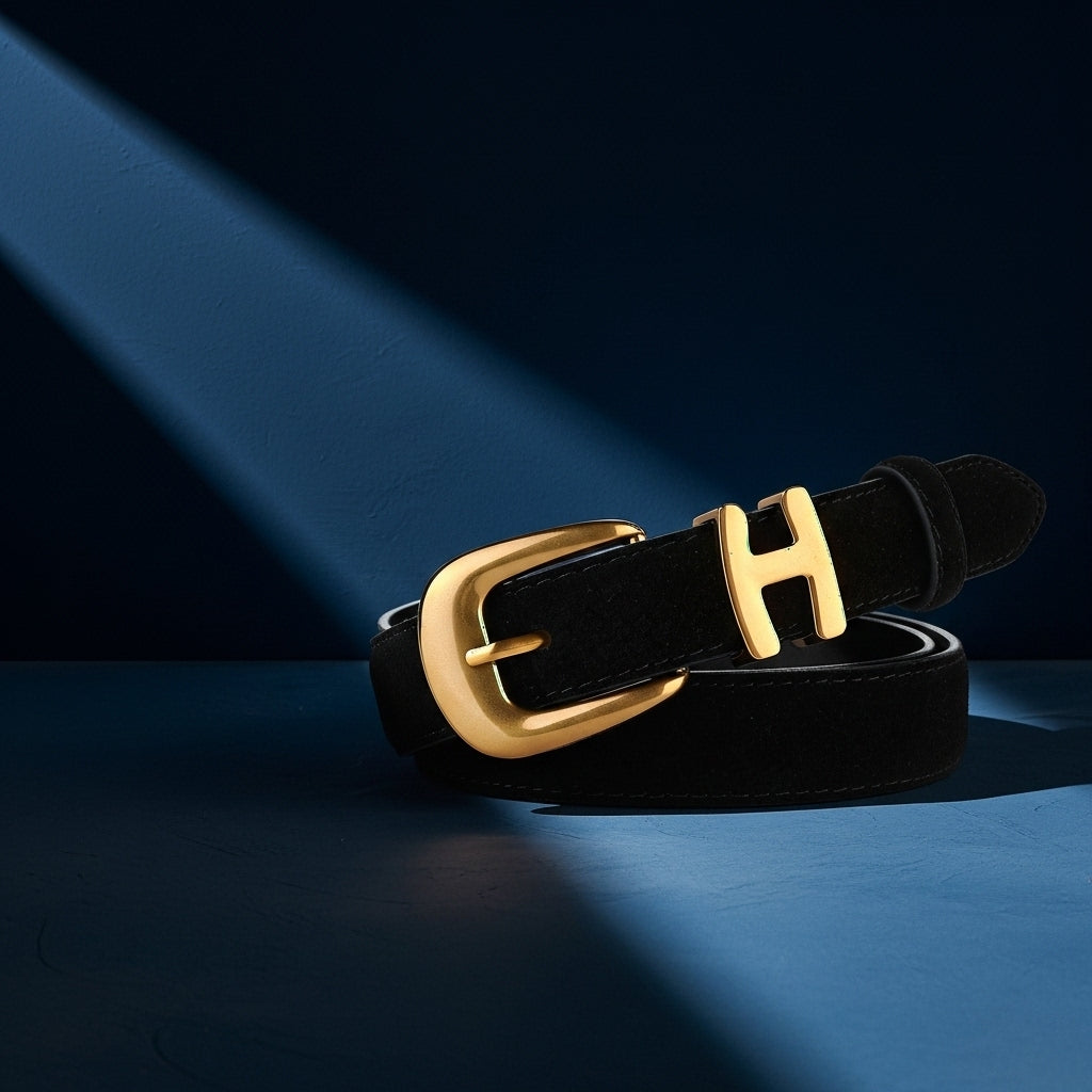 Ceinture femme Marguerite en cuir suédé noir avec boucle ardillon dorée mate et détail logo H, #fullwidth