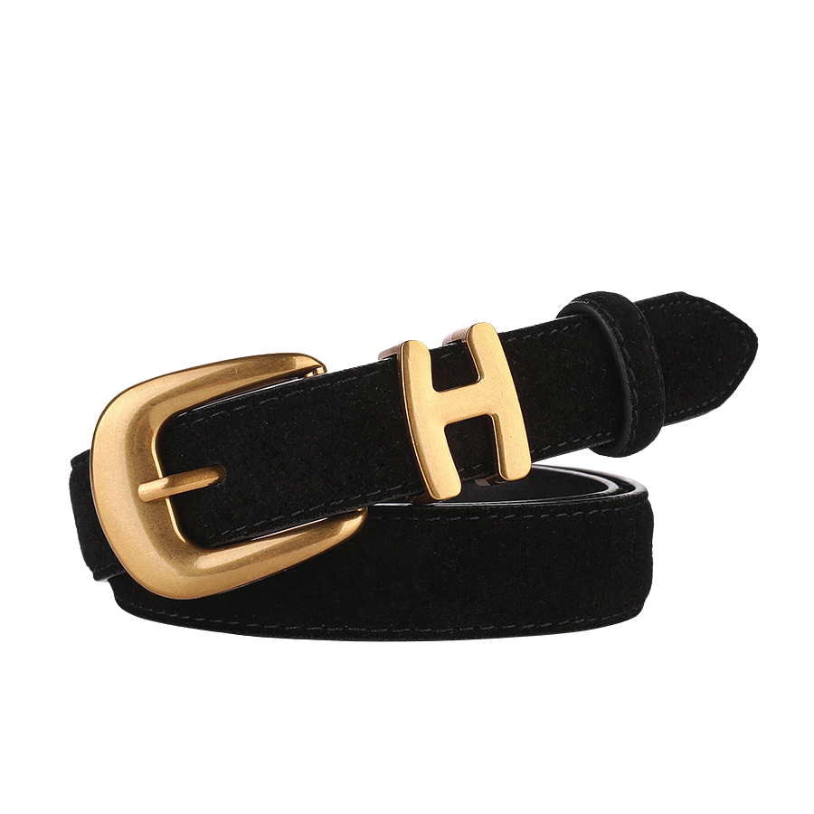 Ceinture femme Marguerite en daim noir avec boucle ardillon arrondie dorée et détail "H".