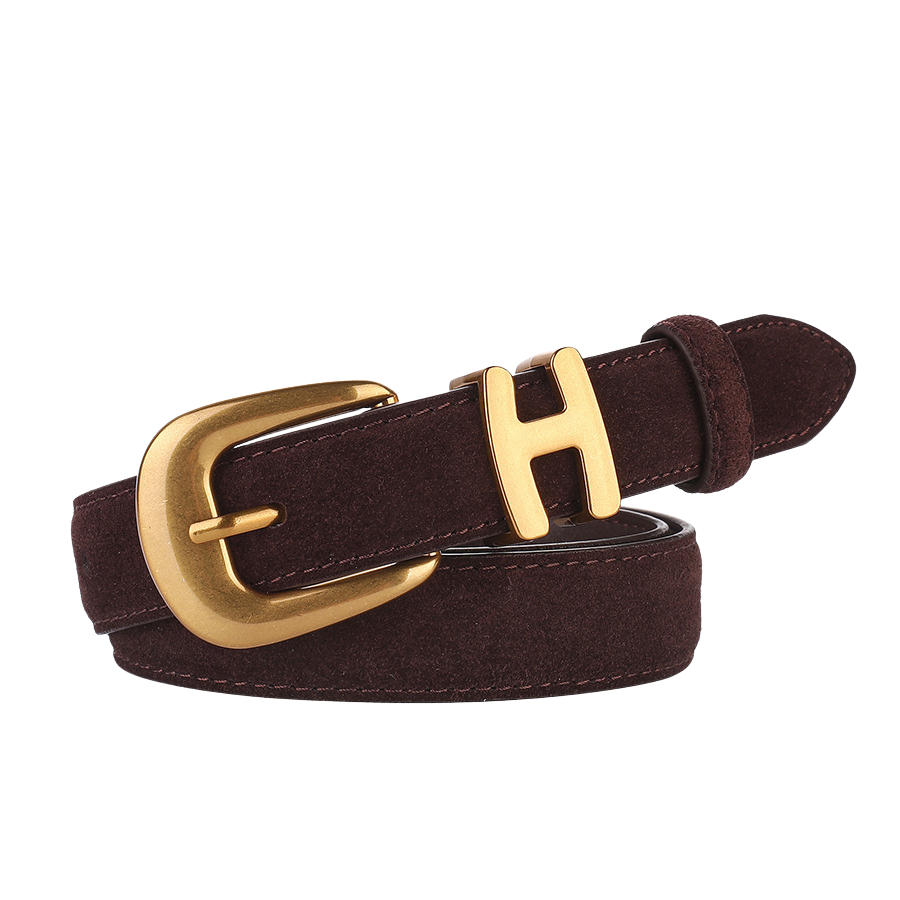 Ceinture en suède marron foncé modèle Marguerite avec boucle ardillon dorée et initiale "H" dorée. #fullwidth