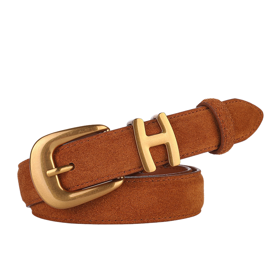 Ceinture femme Marguerite en cuir suédé marron, avec boucle ardillon dorée mate et logo en forme de H.