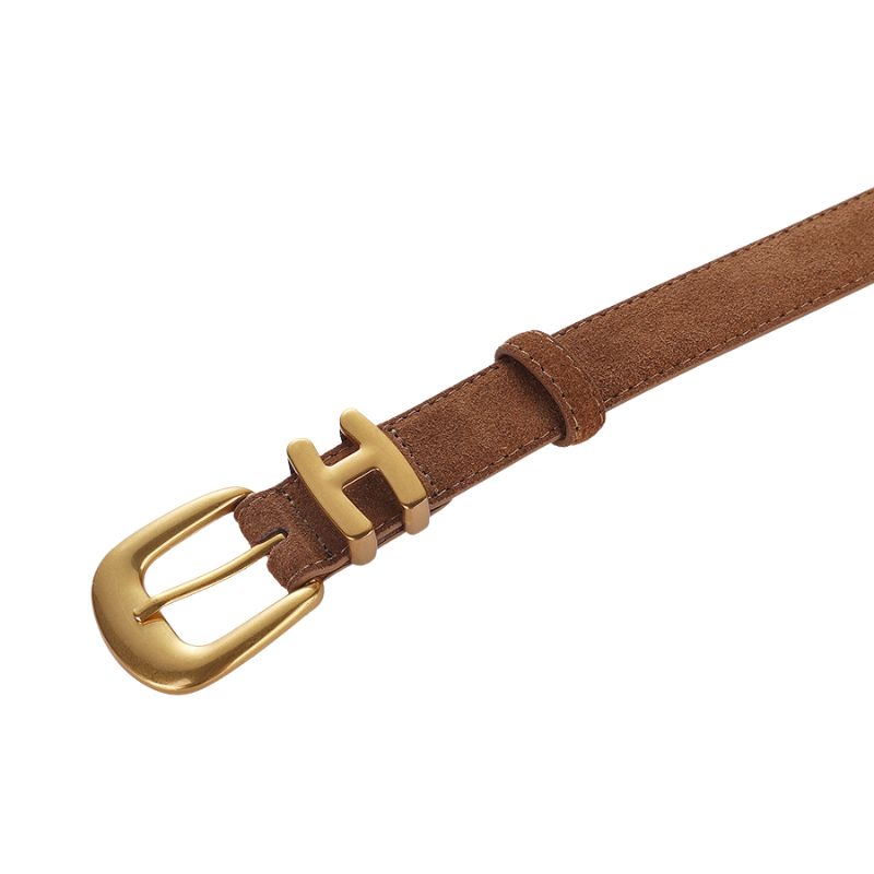Ceinture femme Marguerite en cuir suédé marron avec boucle ardillon dorée mate et détail logo "H" vintage.