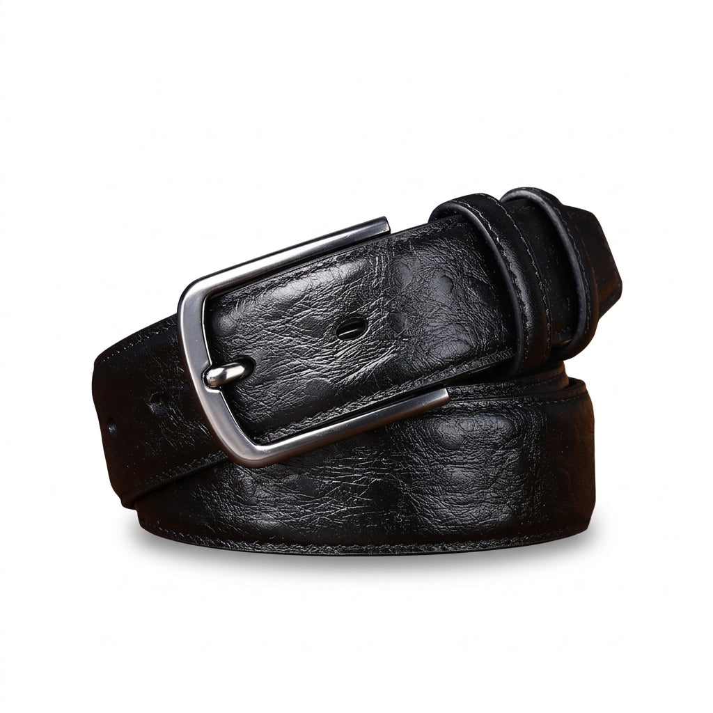 Ceinture homme Valmy en cuir pleine fleur noir avec motif autruche en relief et boucle ardillon carrée en métal argenté