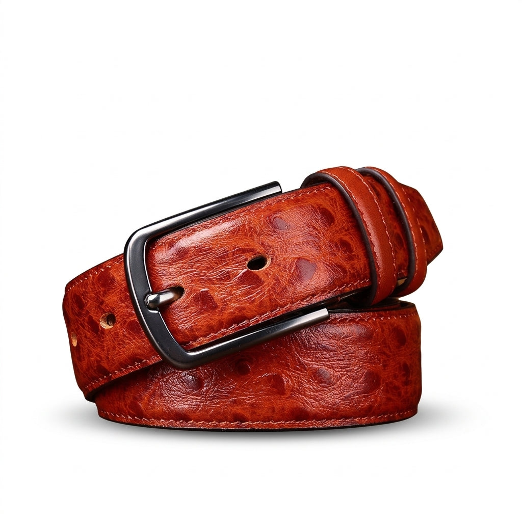 Ceinture homme Valmy en cuir pleine fleur marron avec motif autruche en relief et boucle ardillon carrée en métal argenté
