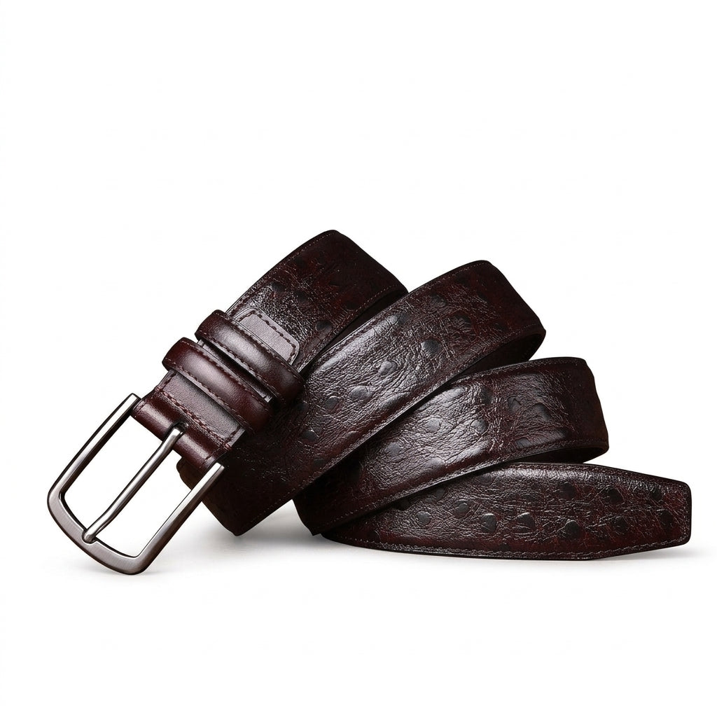 Ceinture homme Valmy en cuir de vachette pleine fleur avec motif autruche en relief et boucle ardillon argentée, présentée sur fond sombre