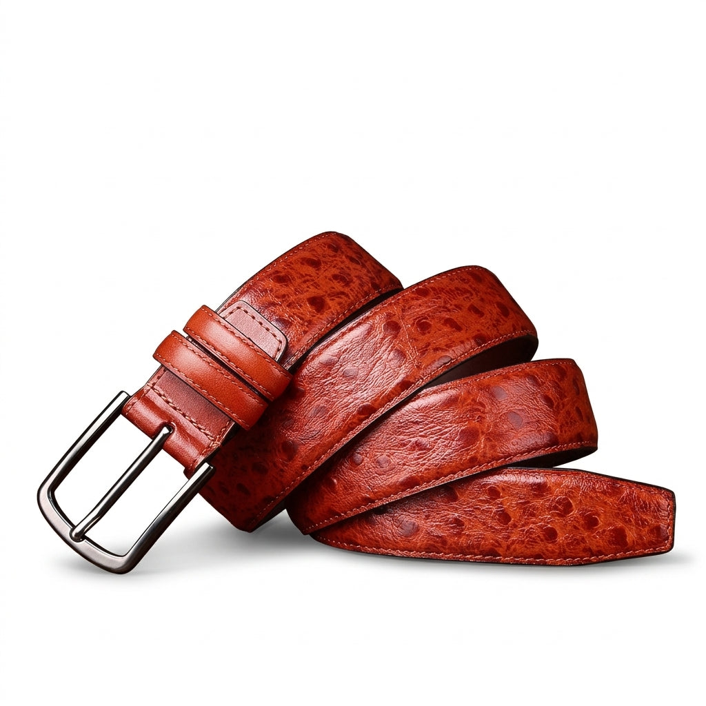 Ceinture homme Valmy en cuir de vachette pleine fleur marron avec motif autruche en relief et boucle ardillon argentée sur fond sombre