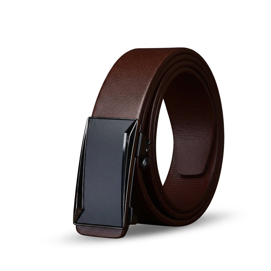 Ceinture homme Marigny en cuir pleine fleur marron avec boucle automatique rectangulaire noire sur fond sombre