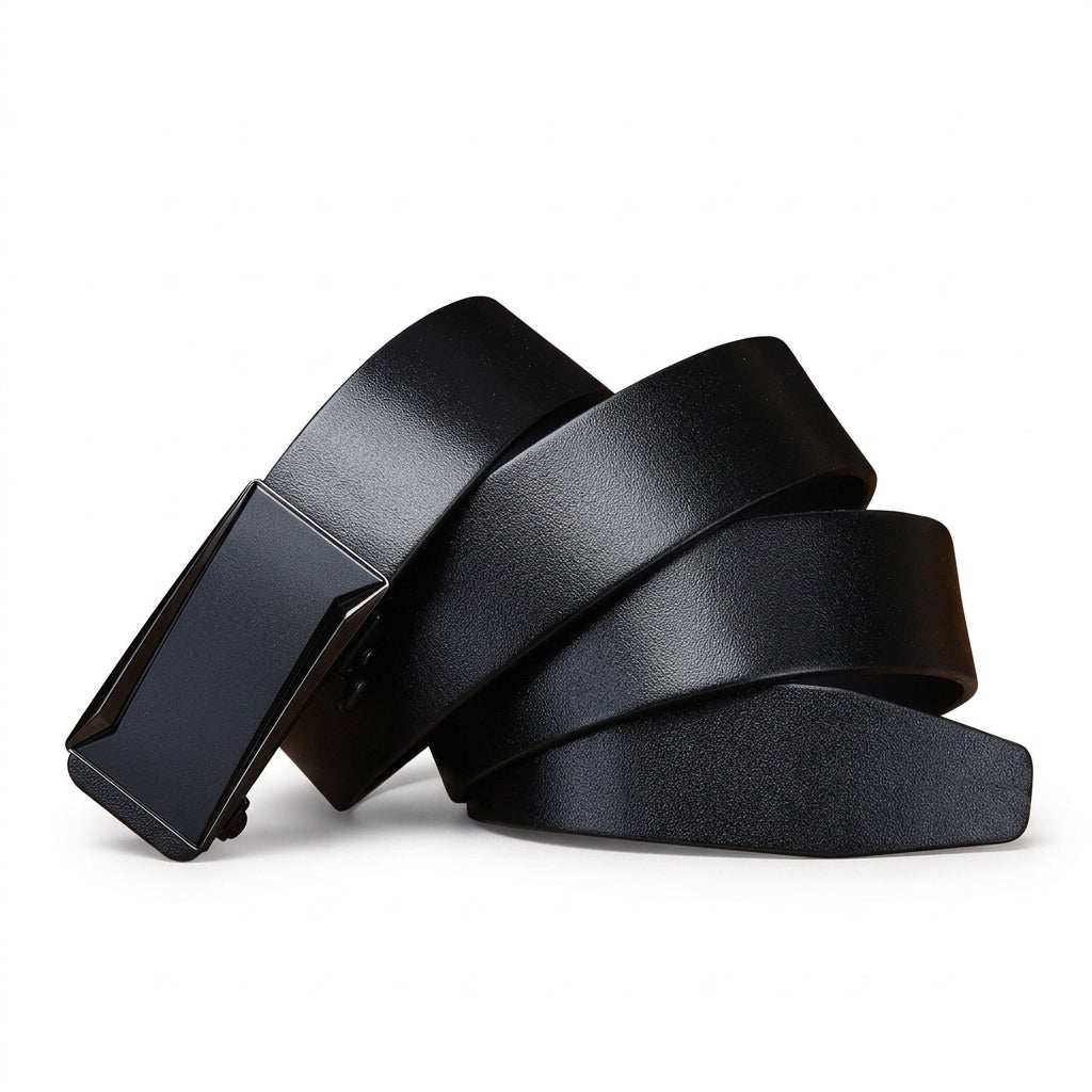 Ceinture homme Marigny en cuir de vachette noir avec boucle automatique rectangulaire posée sur une table en bois, style chic et élégant