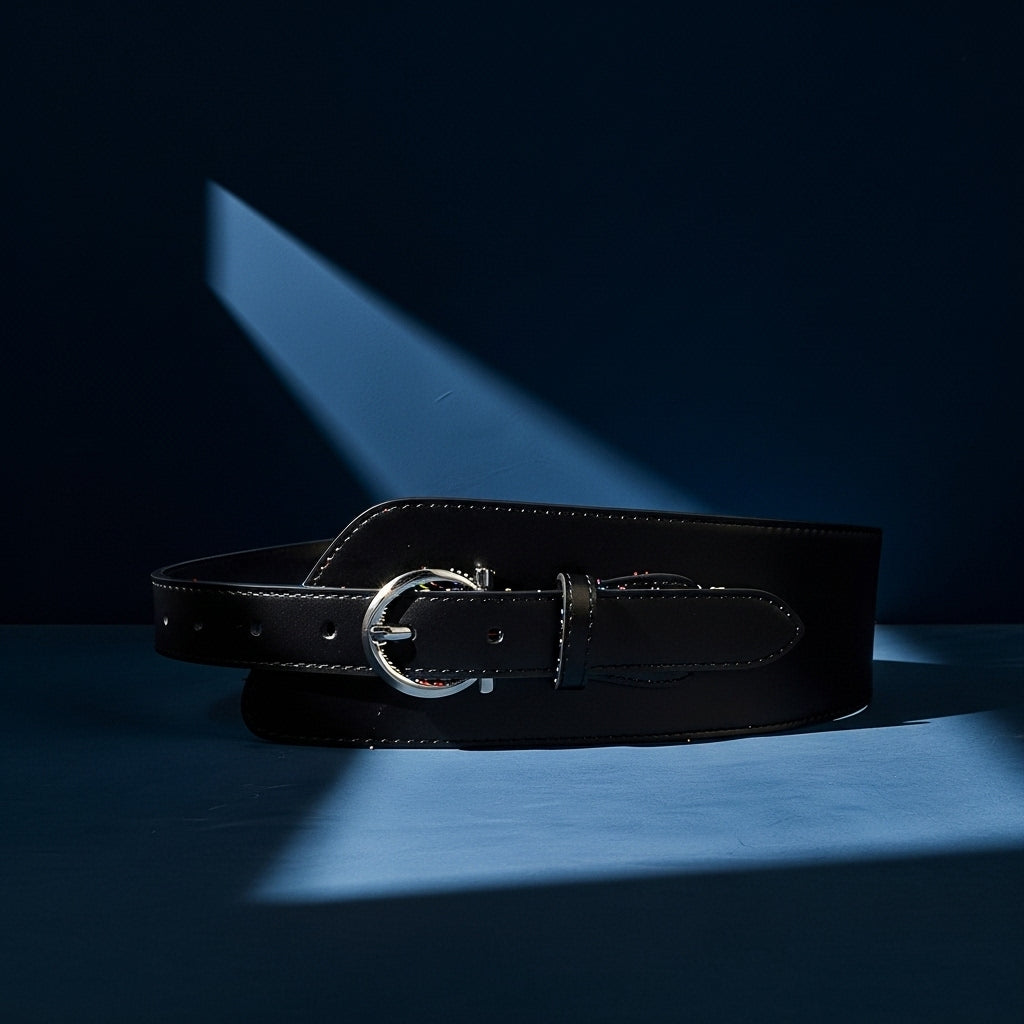 Ceinture noire Marion en cuir suédé refendu avec boucle argentée ronde, style waist belt, sur fond bleu. #fullwidth