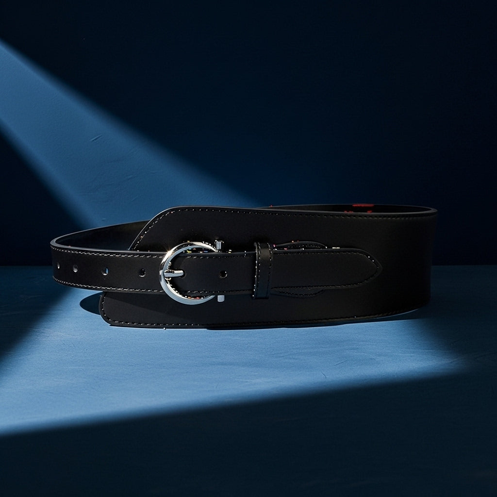 Ceinture noire Marion en cuir suédé, avec une boucle argentée ronde et ardillon, style couture, fini mat et lisse. #fullwidth
