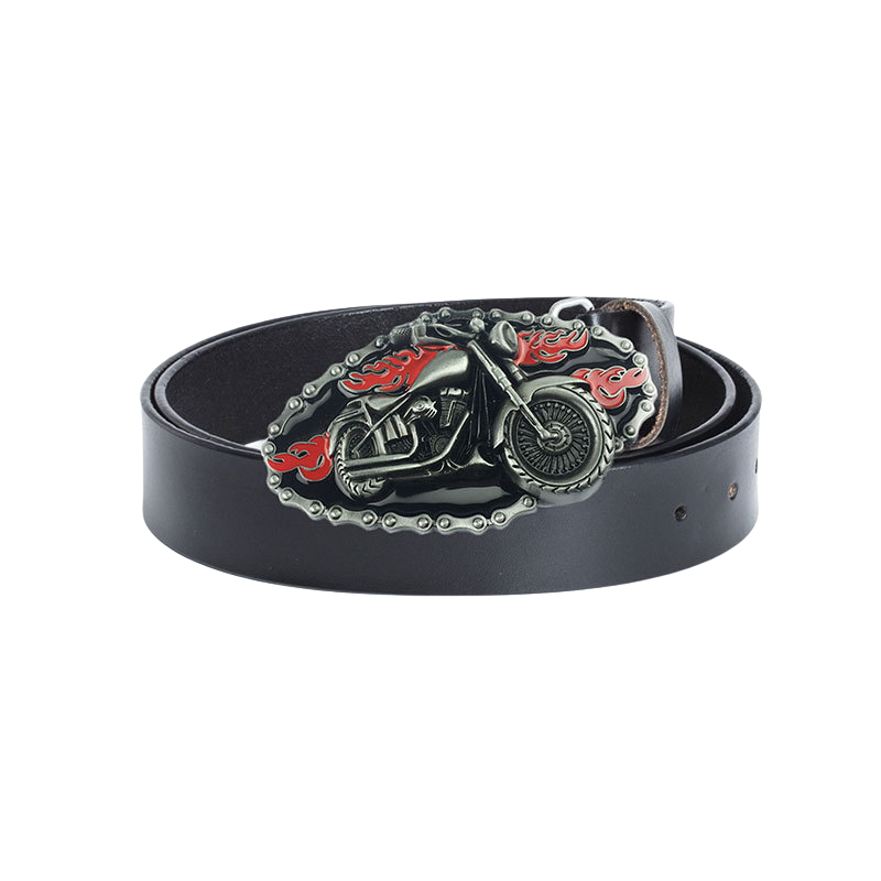 Ceinture noire pour homme Maurice avec une boucle argentée en forme de moto stylisée avec des flammes rouges et des détails de chaîne