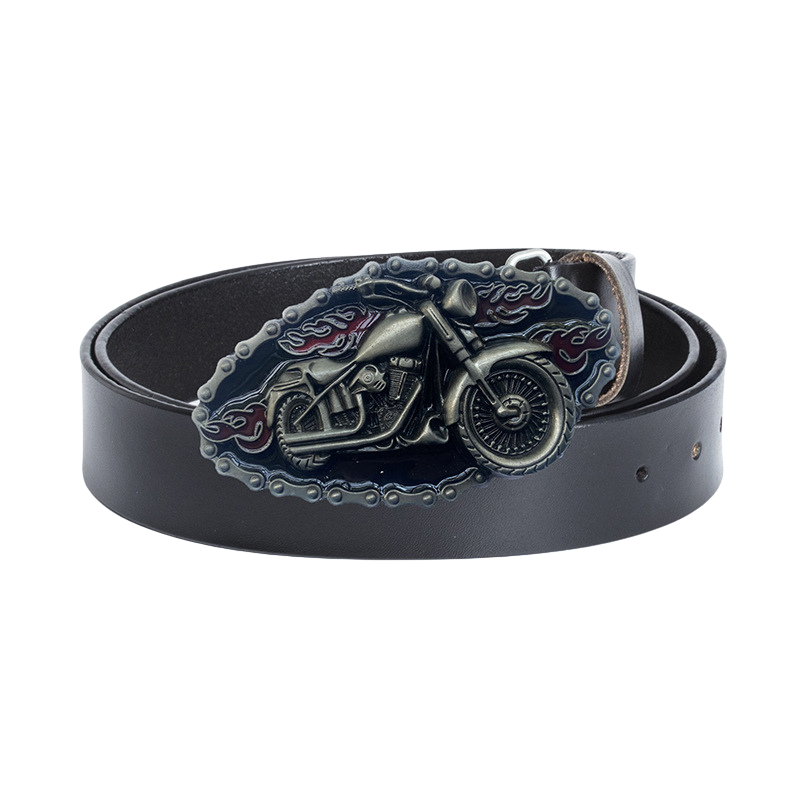 Ceinture Maurice noire pour homme avec une boucle argentée ornée d'une moto en relief et des flammes, style biker.