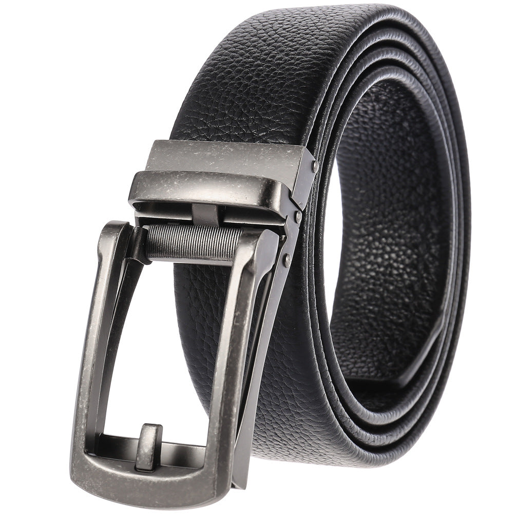 Ceinture homme Max noire en cuir refendu avec boucle automatique rectangulaire en alliage gris mat et système de réglage invisible.