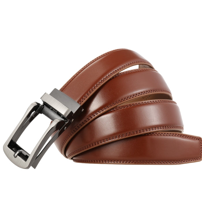 Ceinture pour homme Maxence en cuir de vachette marron clair avec boucle automatique grise brossée, largeur 3 cm.