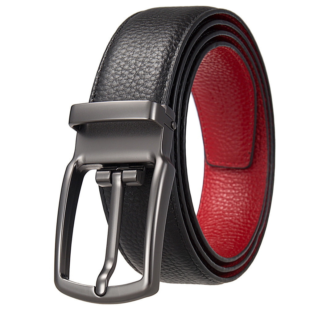 Ceinture homme MaxTan réversible noir et rouge en cuir pleine fleur avec boucle ardillon rotative rectangulaire et lanière texturée. #fullwidth