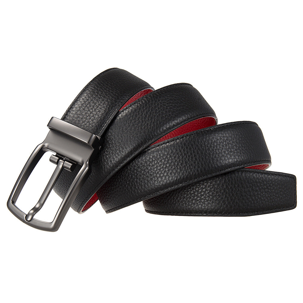 Ceinture homme réversible noir et rouge en cuir pleine fleur texturé, avec boucle ardillon rotative rectangulaire.