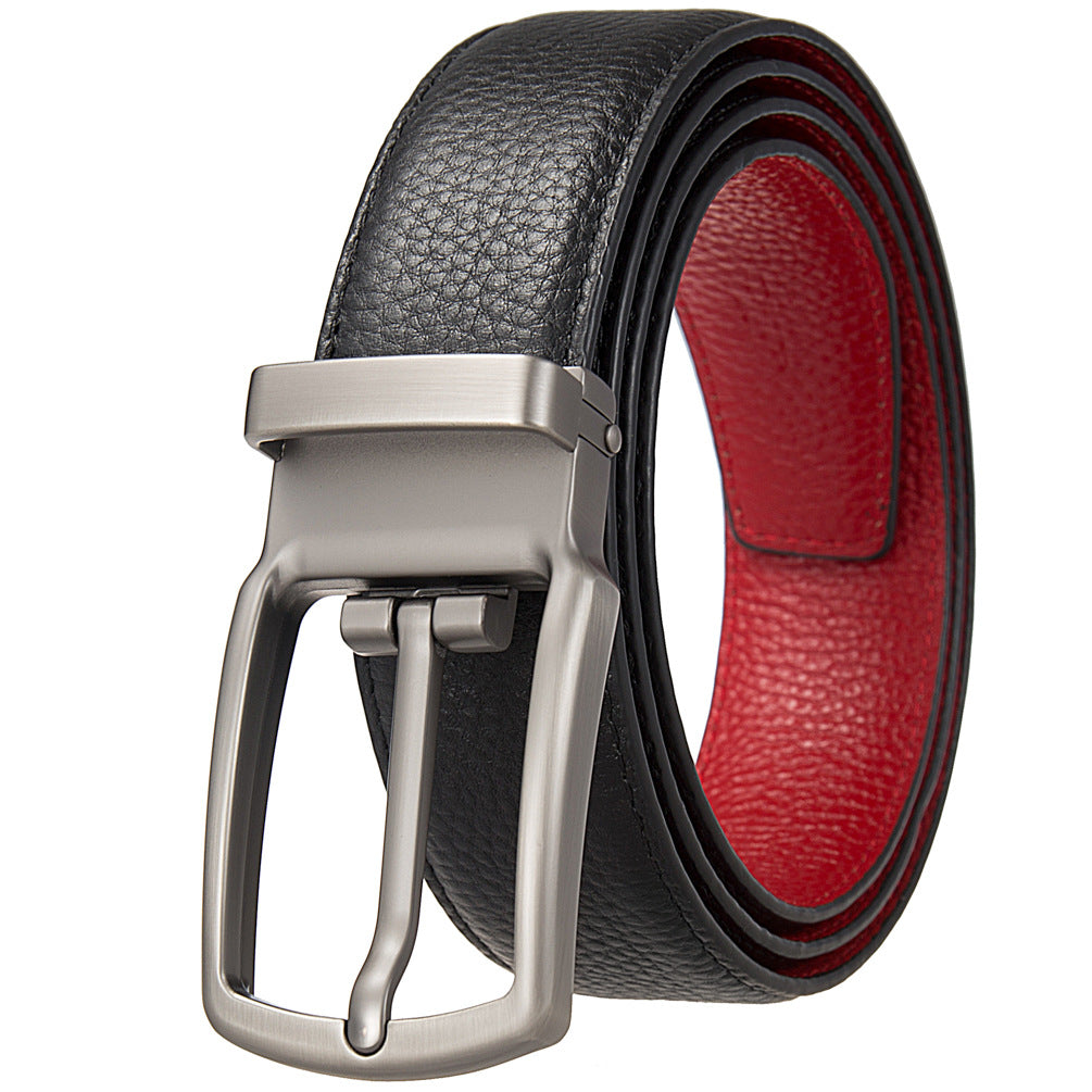 Ceinture homme MaxTan en cuir pleine fleur réversible noir et rouge avec boucle ardillon argentée rotative.