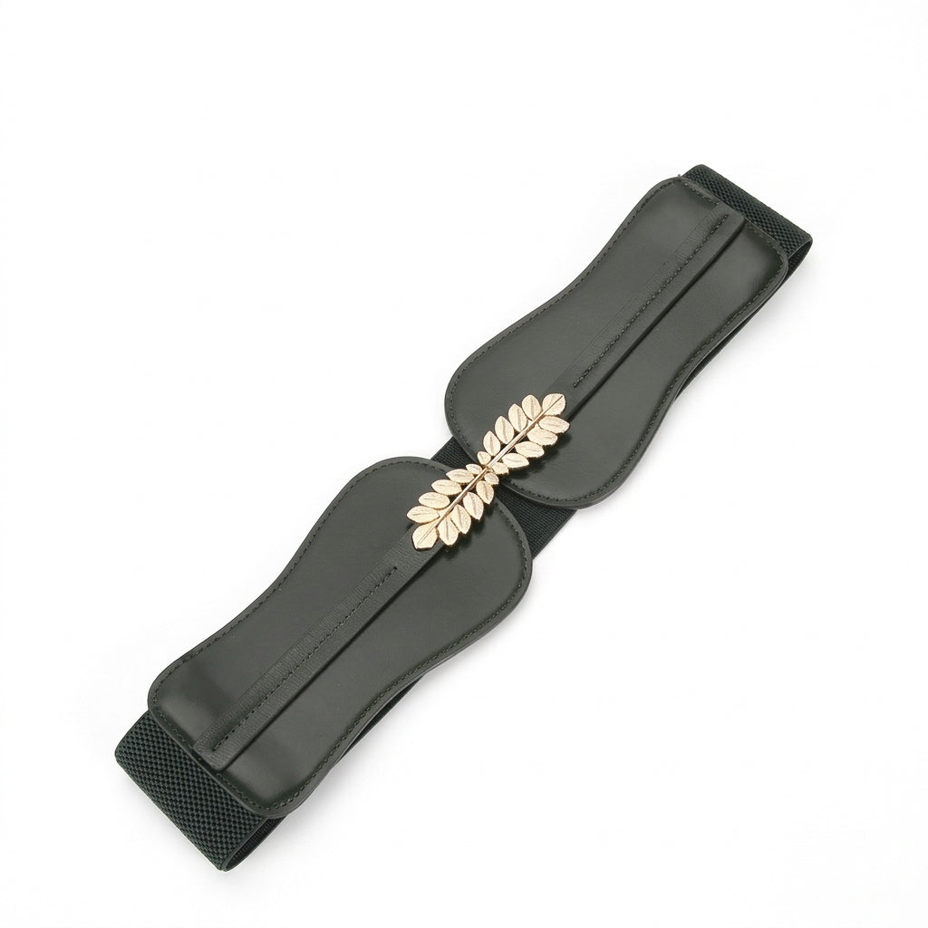 Ceinture large noire pour femme Mélisande avec boucle décorative dorée en forme de feuilles sur fond blanc