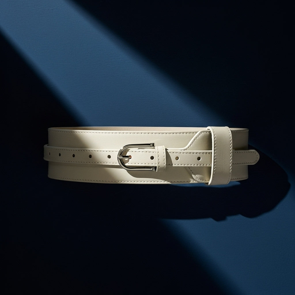 Ceinture extra large Mélissa en cuir blanc cassé avec une boucle argentée sur fond bleu #fullwidth