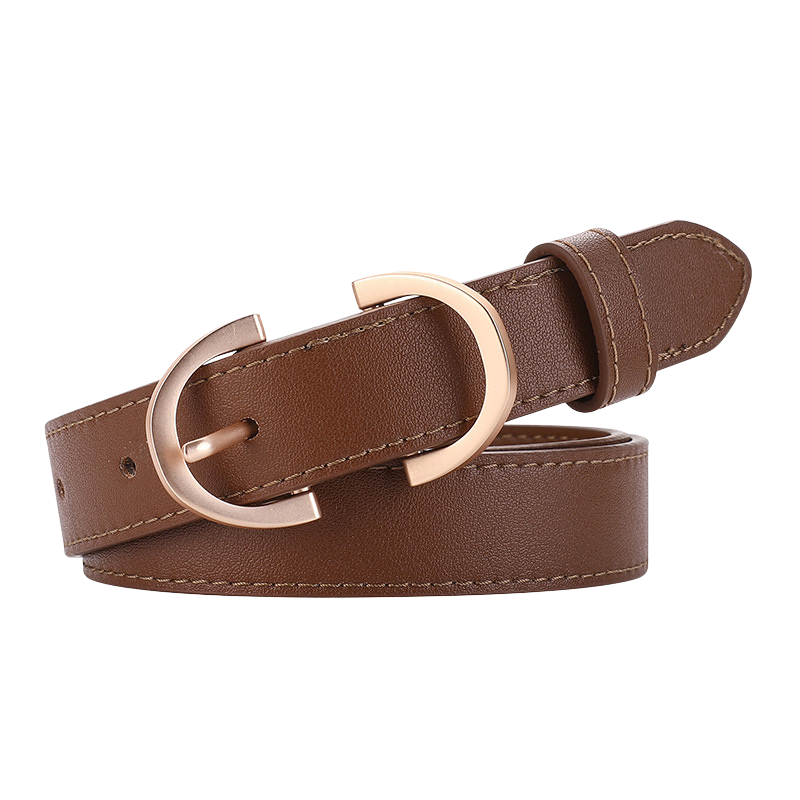 Ceinture femme Mélodieuse en cuir marron avec boucle dorée ovale allongée.