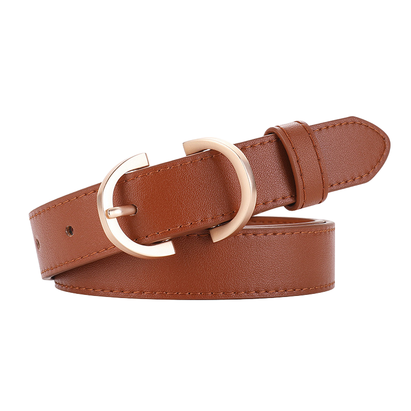 Ceinture femme Mélodieuse en cuir marron clair avec boucle dorée ovale allongée.