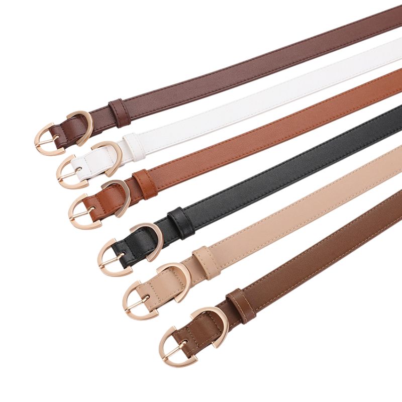 Ensemble de ceintures fines pour femme Mélodieuse en cuir de vachette refendu, disponibles en marron foncé, blanc, marron clair, noir, beige et marron, avec boucles ardillon dorées.