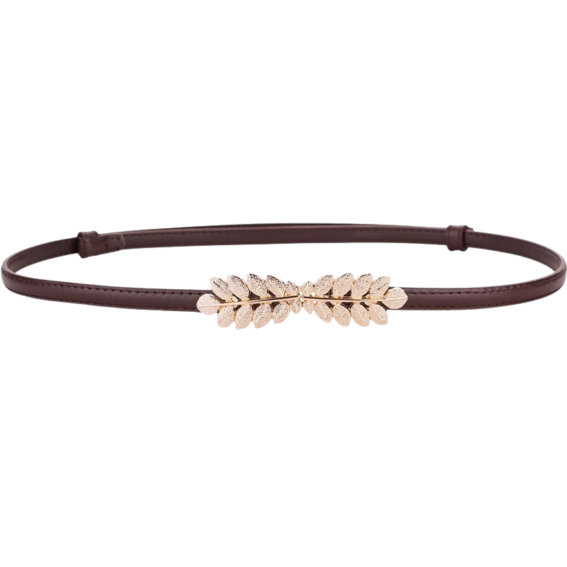 Ceinture fine pour femme Mélusine en cuir marron avec boucle dorée en forme de double feuille de laurier