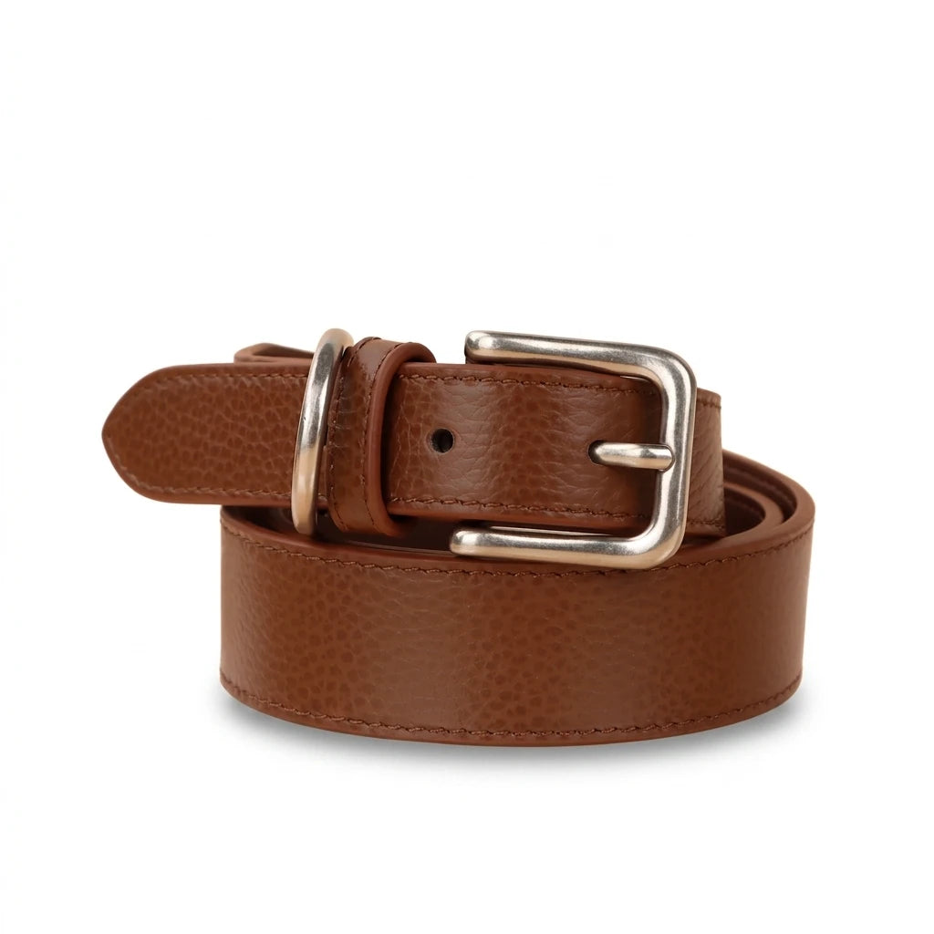 Ceinture femme Mirabelle en cuir de vachette marron avec boucle ardillon argentée. Style rétro et décontracté.