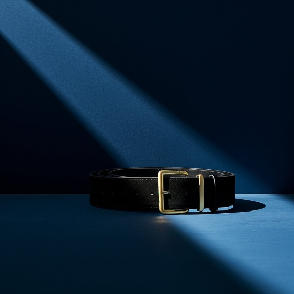 Ceinture femme noire Mirage en cuir de vachette refendu traité daim mat, texture lisse veloutée, boucle ardillon carrée dorée, largeur 4.3 cm. #fullwidth
