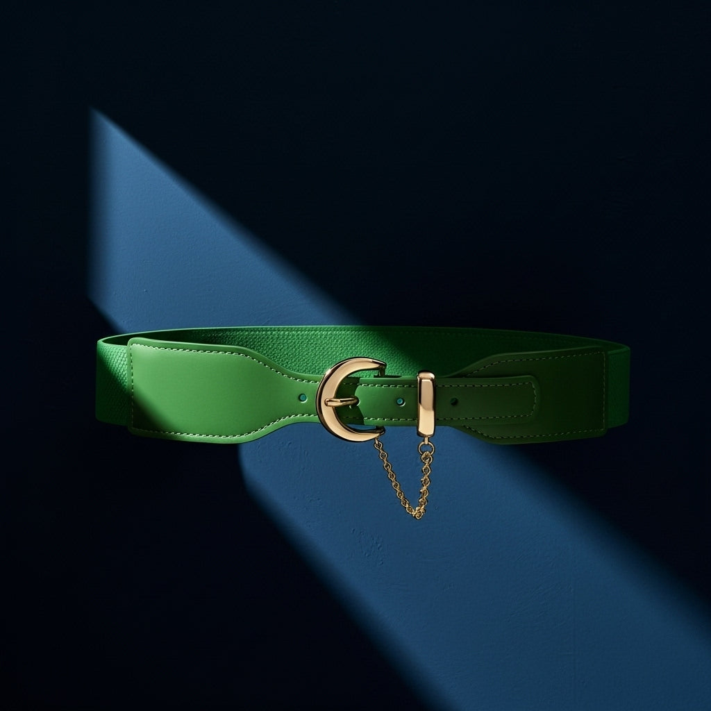 Ceinture verte large Mireille en cuir nubuck avec boucle ardillon dorée en demi-lune et chaîne décorative. #fullwidth