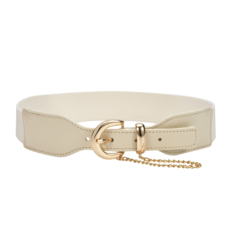 Ceinture femme Mireille blanche en cuir nubuck avec boucle ardillon dorée demi-lune et chaîne décorative