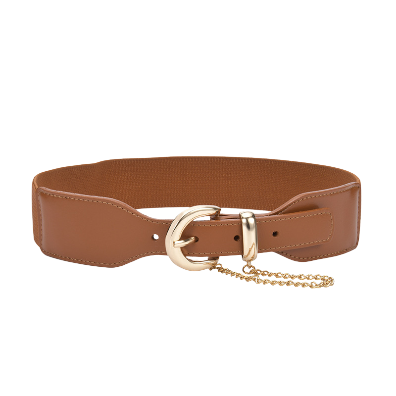 Ceinture femme Mireille marron en cuir nubuck avec boucle ardillon demi-lune dorée et chaînette décorative.