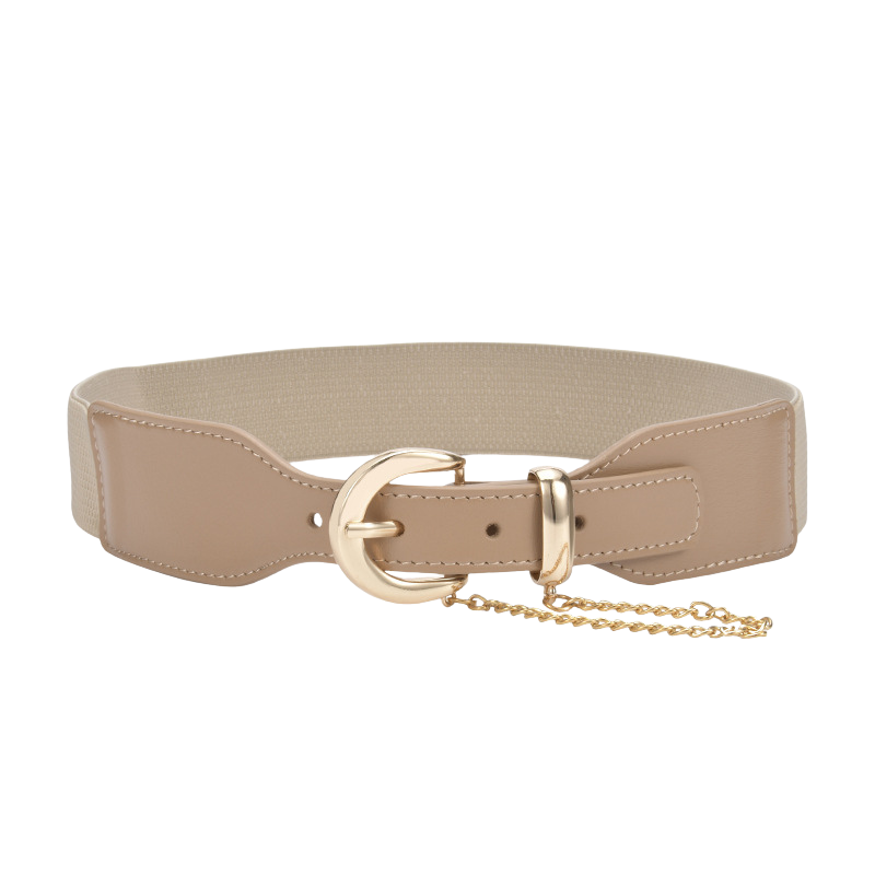 Ceinture femme Mireille beige en cuir nubuck avec boucle ardillon dorée demi-lune et chaîne décorative.