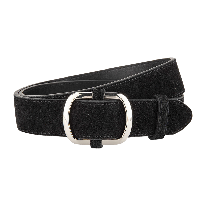 Ceinture noire Mirella en cuir de vachette refendu traité daim, avec boucle ardillon ovale allongée argentée brossée.