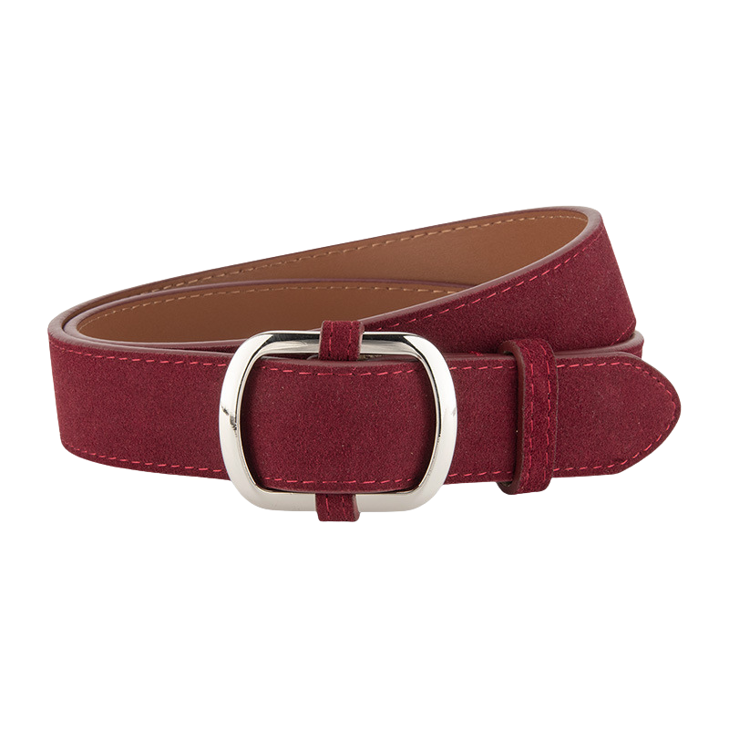 Ceinture femme Mirella en cuir de vachette rouge traité daim, avec boucle argentée ovale et finition brossée.