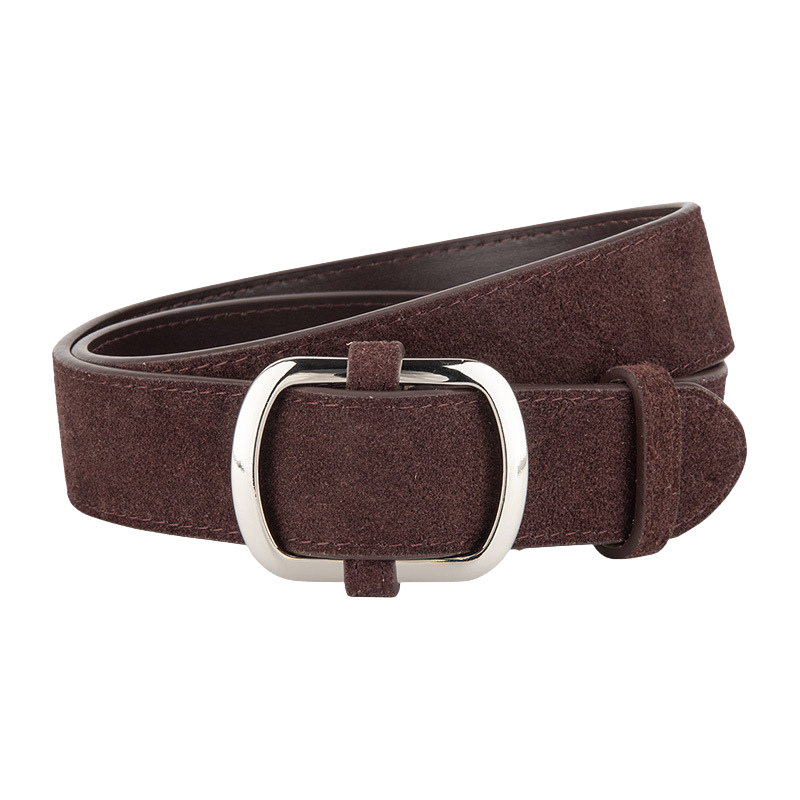 Ceinture femme Mirella en cuir de vachette refendu marron, finition daim, avec boucle ardillon ovale argentée brossée. #fullwidth