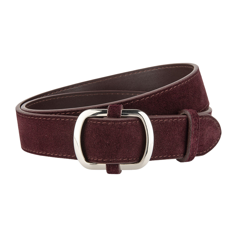 Ceinture femme Mirella en daim bordeaux avec boucle ovale argentée brossée