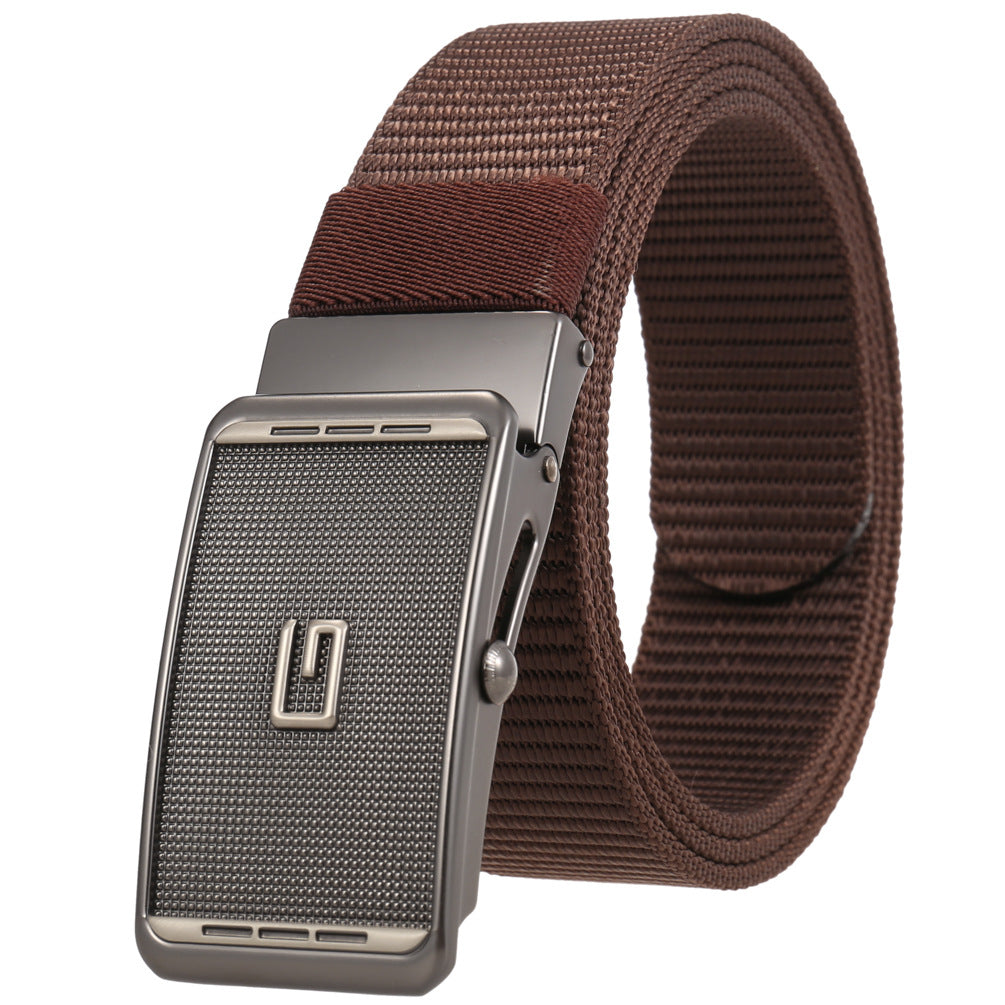Ceinture homme Monet marron avec boucle automatique en alliage argenté texturé et logo carré.