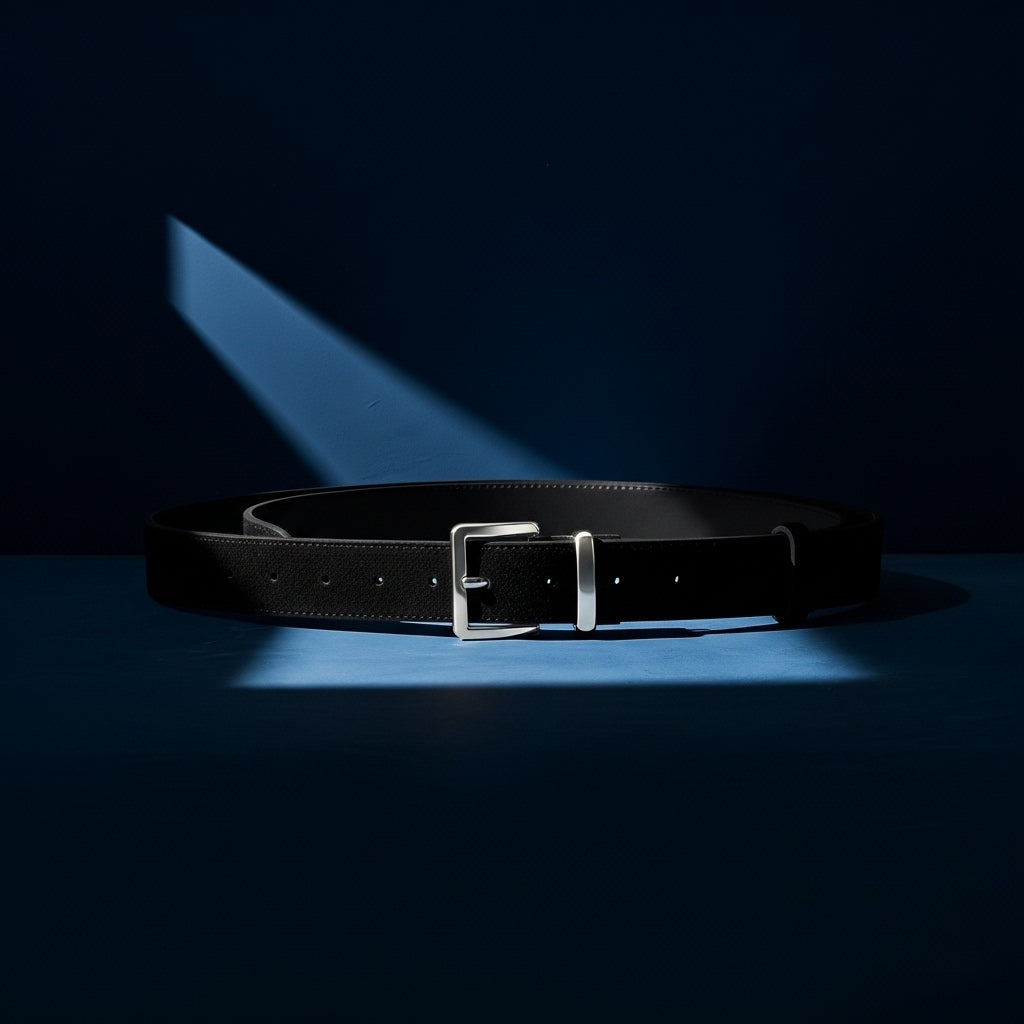 Ceinture Mont-Blanc noire en cuir de vachette traité daim, boucle ardillon rectangulaire argentée brossée #fullwidth