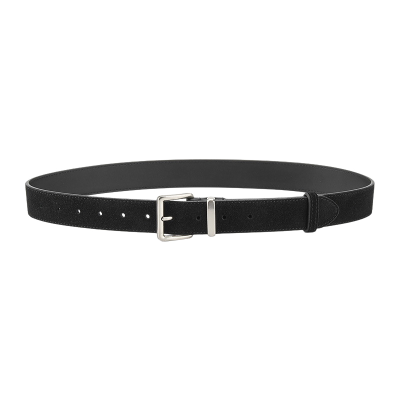 Ceinture Mont-Blanc noire en cuir de vachette refendu traité en daim, avec boucle ardillon rectangulaire argentée brossée.