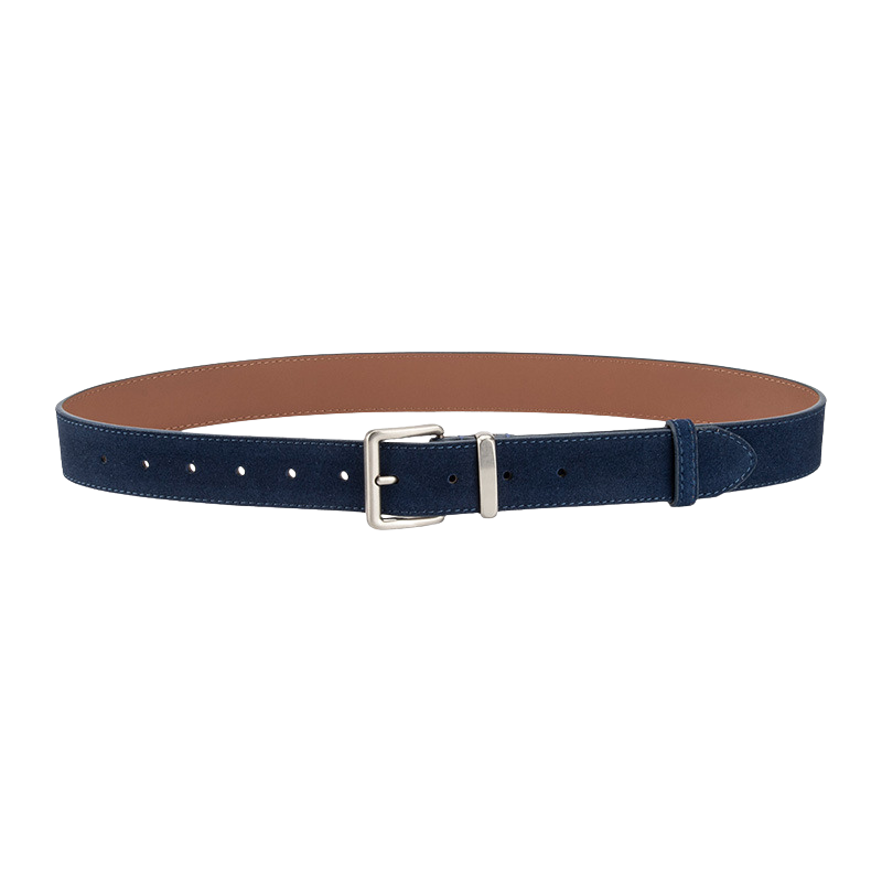 Ceinture femme Mont-Blanc en cuir de vachette bleu avec boucle ardillon rectangulaire argentée finition brossée