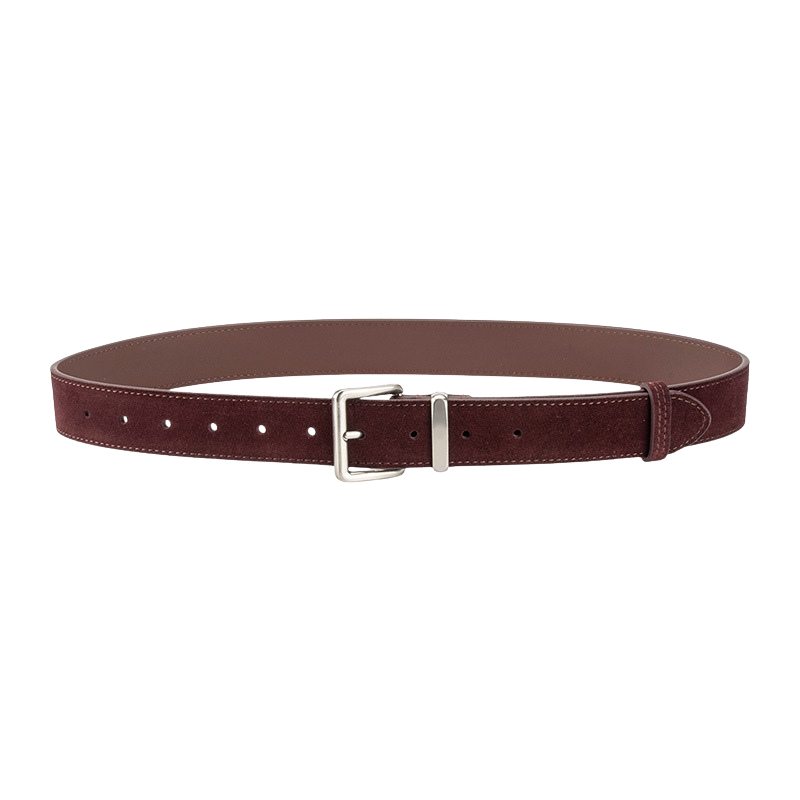 Ceinture Mont-Blanc en cuir de vachette refendu traité en daim couleur café, avec boucle ardillon rectangulaire argentée finition brossée.